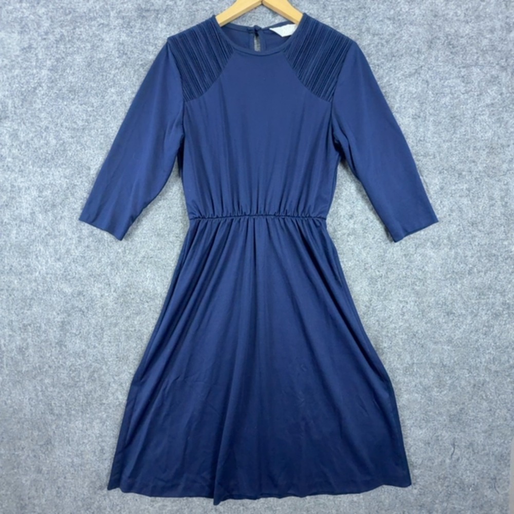 Blair Midi Dress Womens S Navy Blue Vintage Pleated Modest Retro Fit Flare